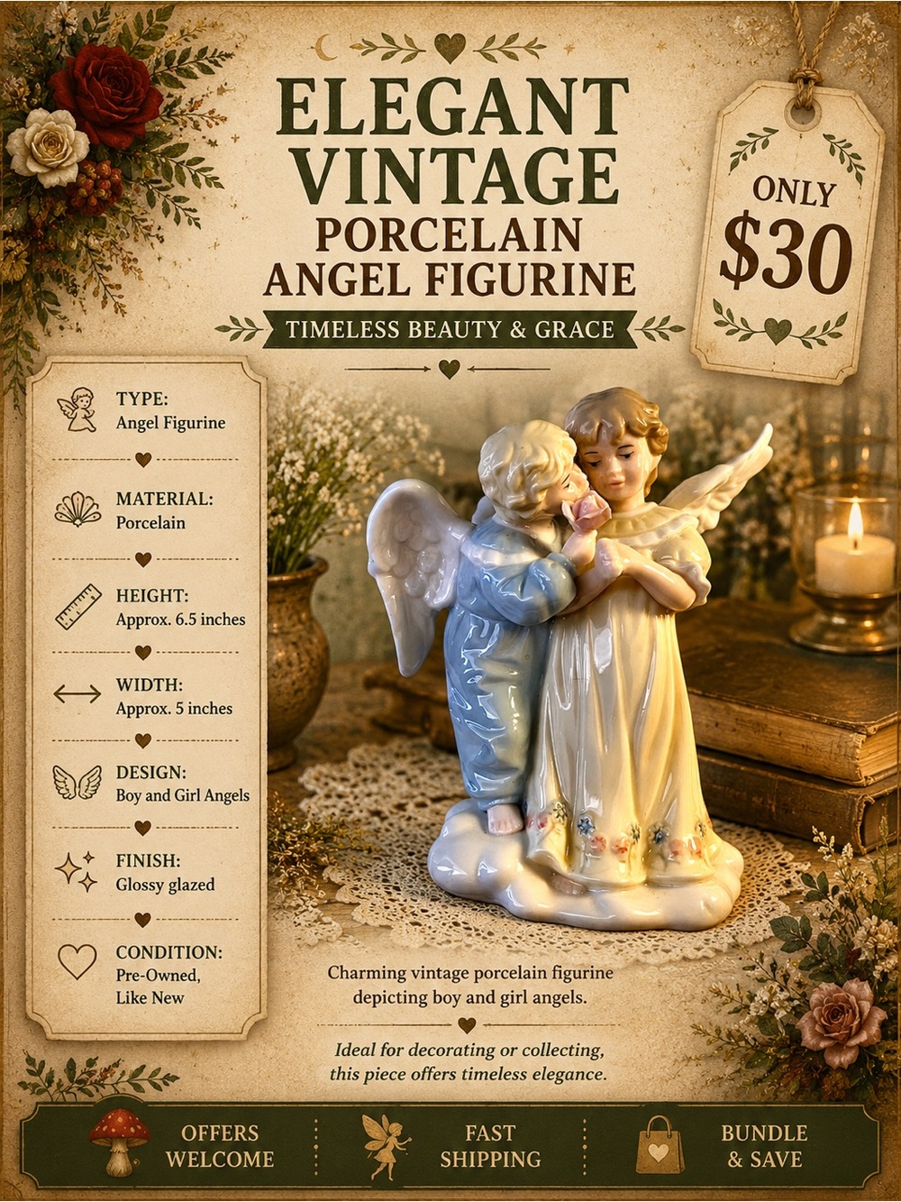 Vintage Porcelain Angel Figurine Decor